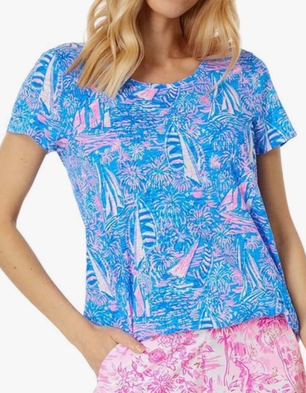 Lilly Pulitzer Etta Scoop Neck Short Sleeve Top Blue It’s A Sailabration XS